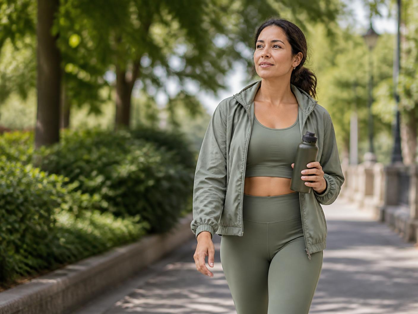 Woman enjoying an active walk in a green park